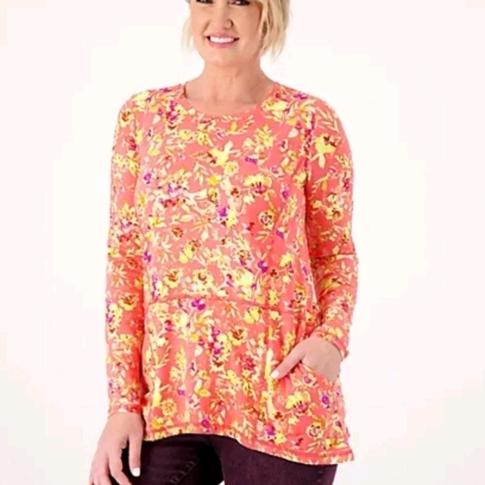 LOGO Lori Goldstein Top 5XL Orange Floral Long Sleeve Stretch Pockets Lagenlook